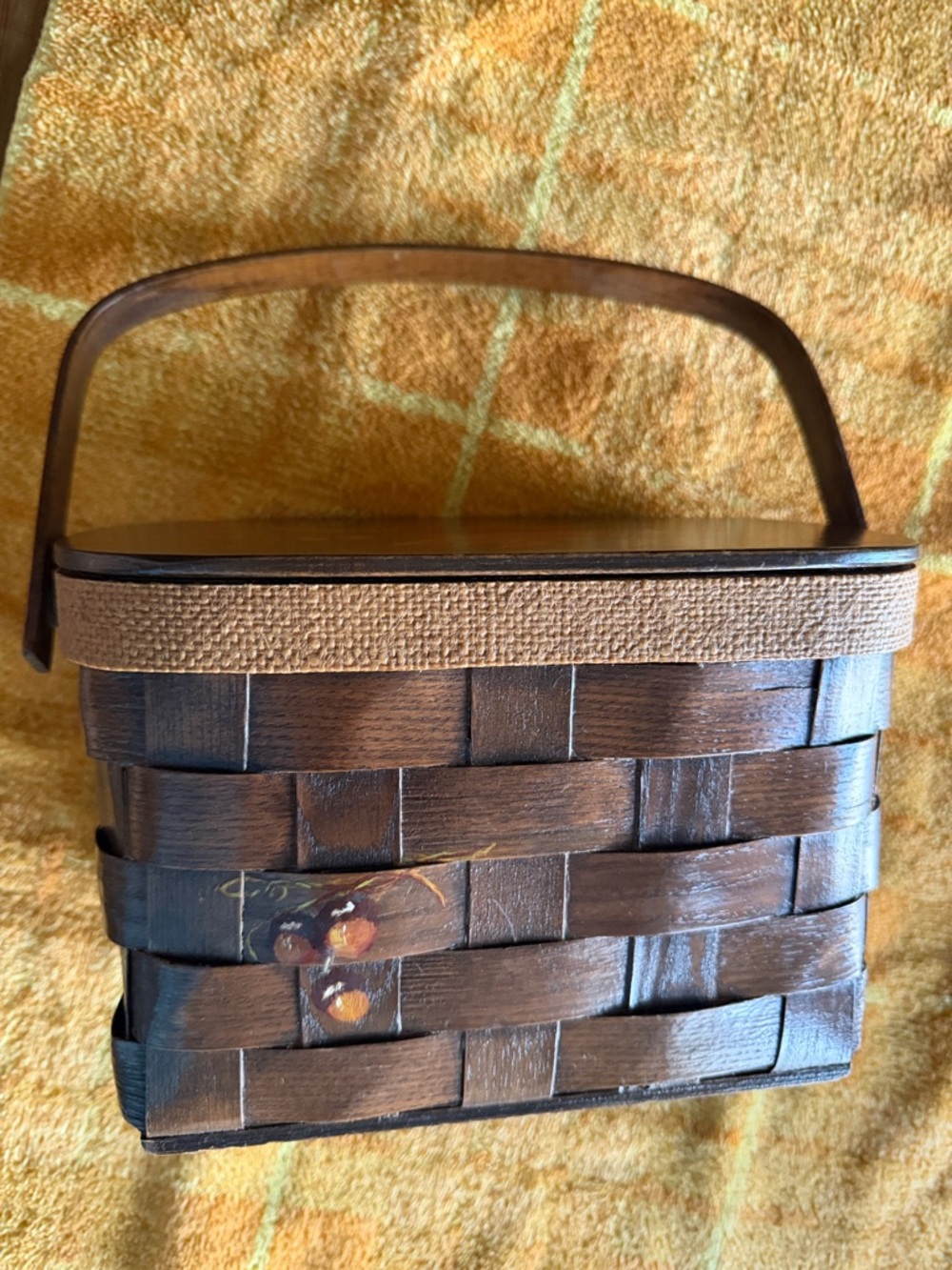 Hand Crafted Oval Woven Basket with Painted Autumn Leaves - Brown